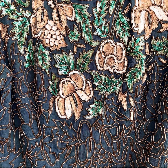 Elegant Vintage beaded bodysuit embellished unique 80s silk floral sequin event - Picture 5 of 16